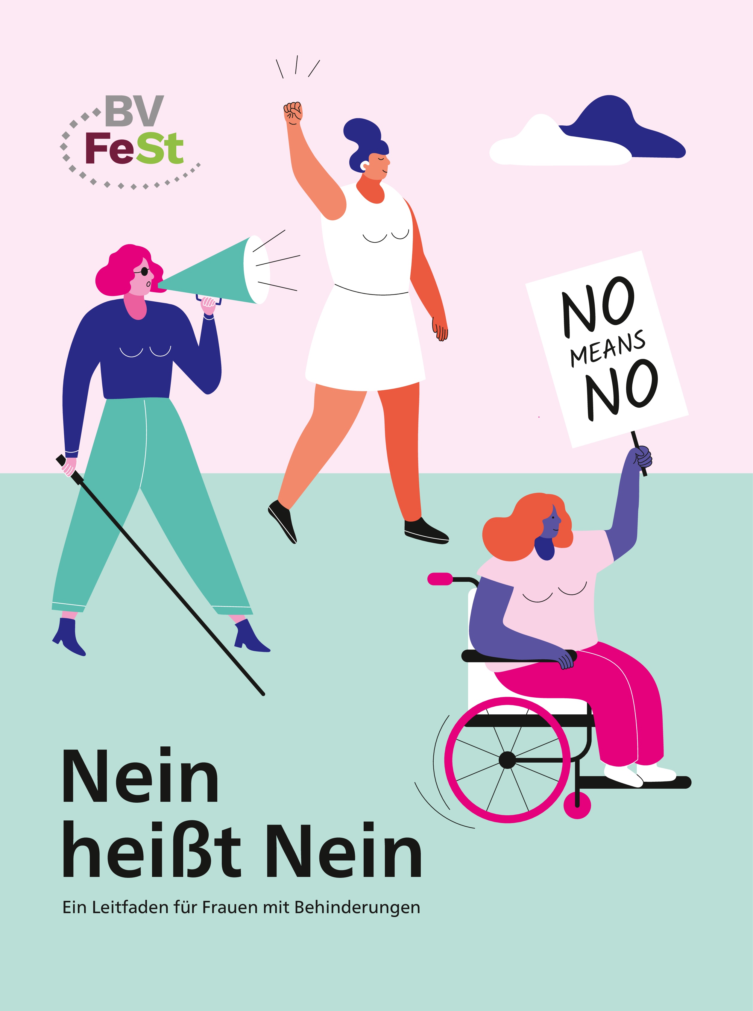 Titelbild Frau mit Blindenstock und Megafon, Frau im Rollstuhl mit Plakat mit Text 